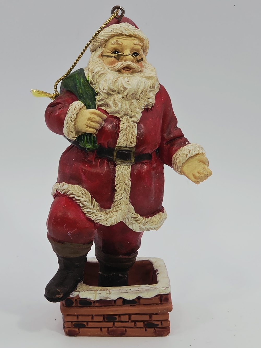 Santa Claus Chimney Christmas Ornament Hand-Painted Green Sack 4.25"